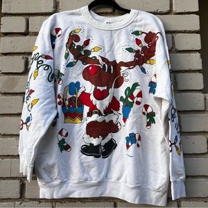 Vtg Nutcracker Reindeer & Christmas Lights Screenprint Sweatshirt - Size Large